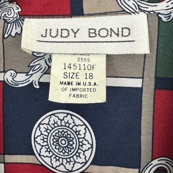 Womens VTG 80s Judy Bond Silky Navy & Green Faux Button Front Banded Top USA 18 - Picture 5 of 6